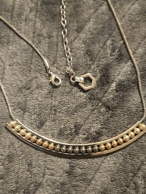 Vera Wang Two-Tone Beaded Curved Bar Necklace in Silver, Gold, and Gray
